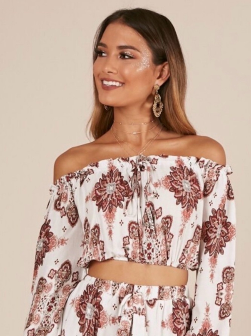 SHOWPO White Paisley Puff Sleeve Festival Crop Top 2